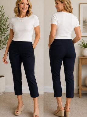 Chaps Women’s Navy Cropped Dress Pants Size 14 Inseam 21” Stretch Cotton